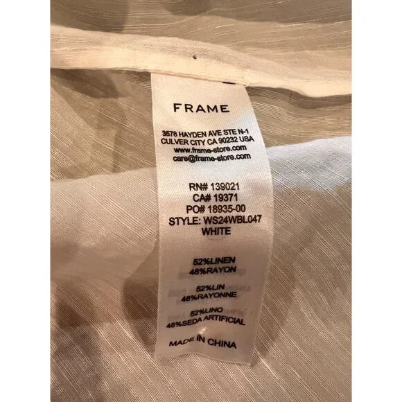 NEW Frame white Linen-Blend Ruffle-Trimmed Top Size XS